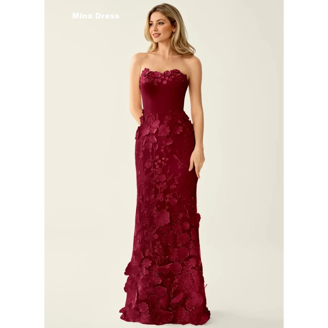 

Mina Customized Wine Red Dresses Gala Backless Wedding Guest Dresses for Special Occasions 3D Flowers Tube Top Sleeveless Prom