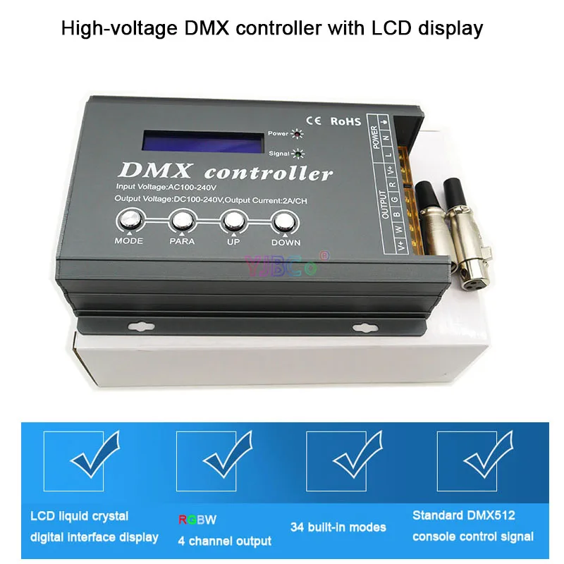 

High voltage RGBW LED Strip Controller with LCD display 34 built-in modes 4 channels smart light DMX512 Controller AC 110V 220V