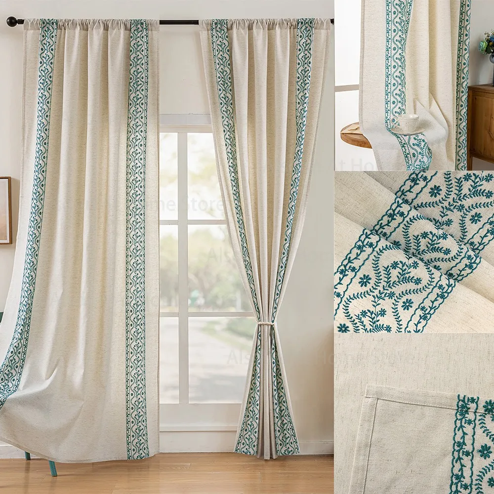 Cotton Line Embroidery Curtains Vintage Bohomian Style Curtains Semi Blackout Curtain for Living Room Room Decorations Curtains