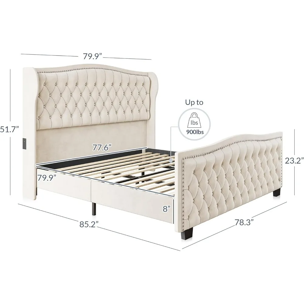 Upholstered Velvet King Platform Bed Frame with Deep Button Tufted Headboard, Charging Port - Oslo (Beige)