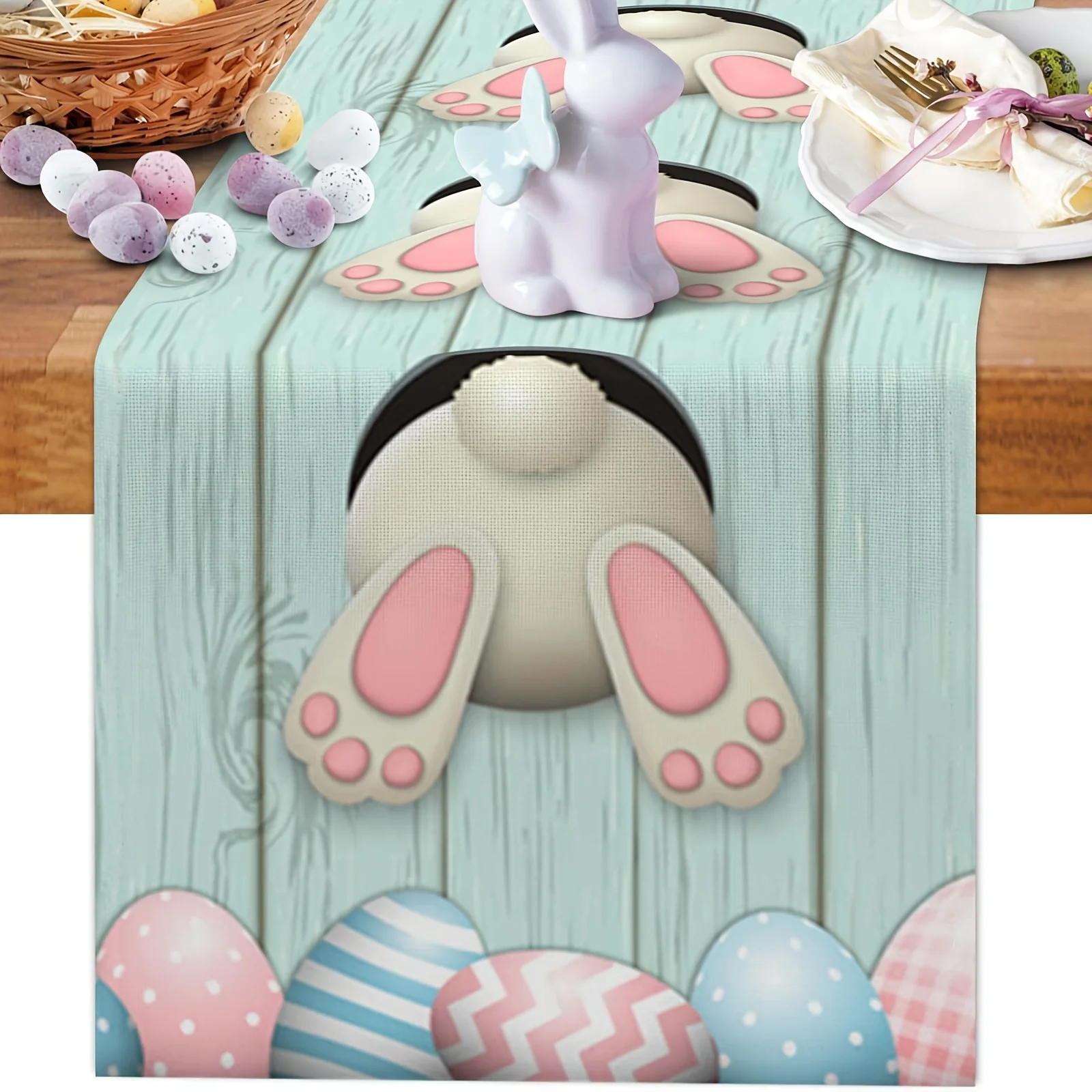 1 Stück Oster-Tischläufer - Leinen 2D-Druck Hasen-Po & Ei Design, Ideal für Küche Esszimmer Dekoration & Festtagsgeschenk