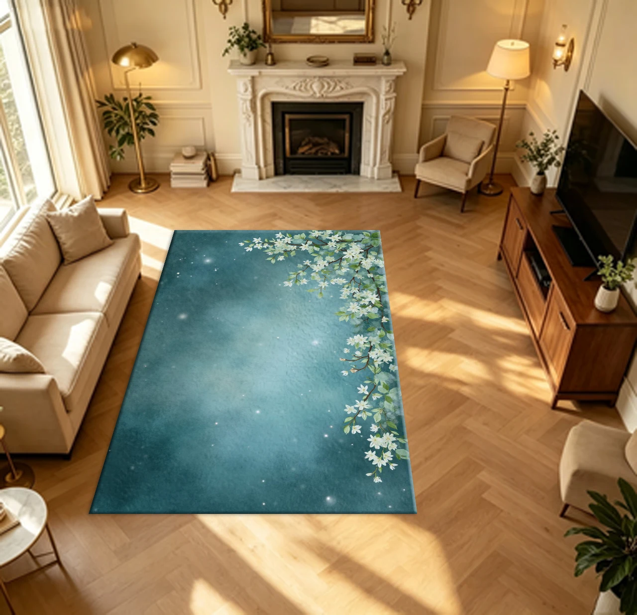 Watercolor White Flower Branch Starry Teal Background carpet flooring Soft Floral Floor Rug