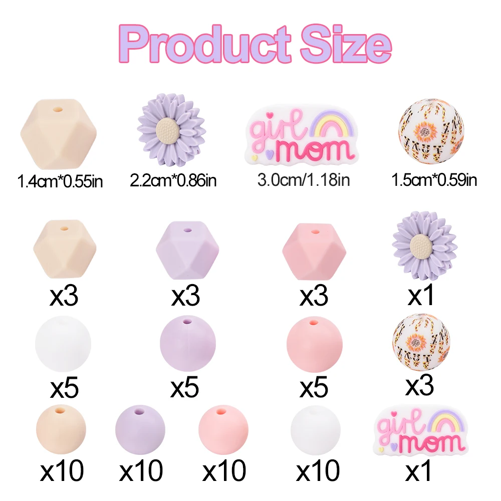 LOFCA  69 pcs Daisy  beads Hexagon Silicone Beads Silicone Beads Jewelry Making Bulk DIY Necklace Pacifier Chains