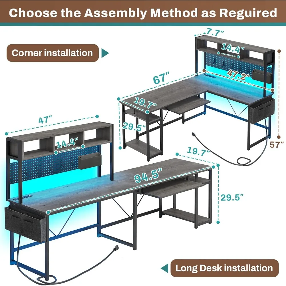 L geformter Schreibtisch, 94,5 Zoll Home-Office-Schreibtisch mit Steckdose und Steck brett, l-förmiger Gaming-Schreibtisch mit LED-Licht, Tastatur ablage