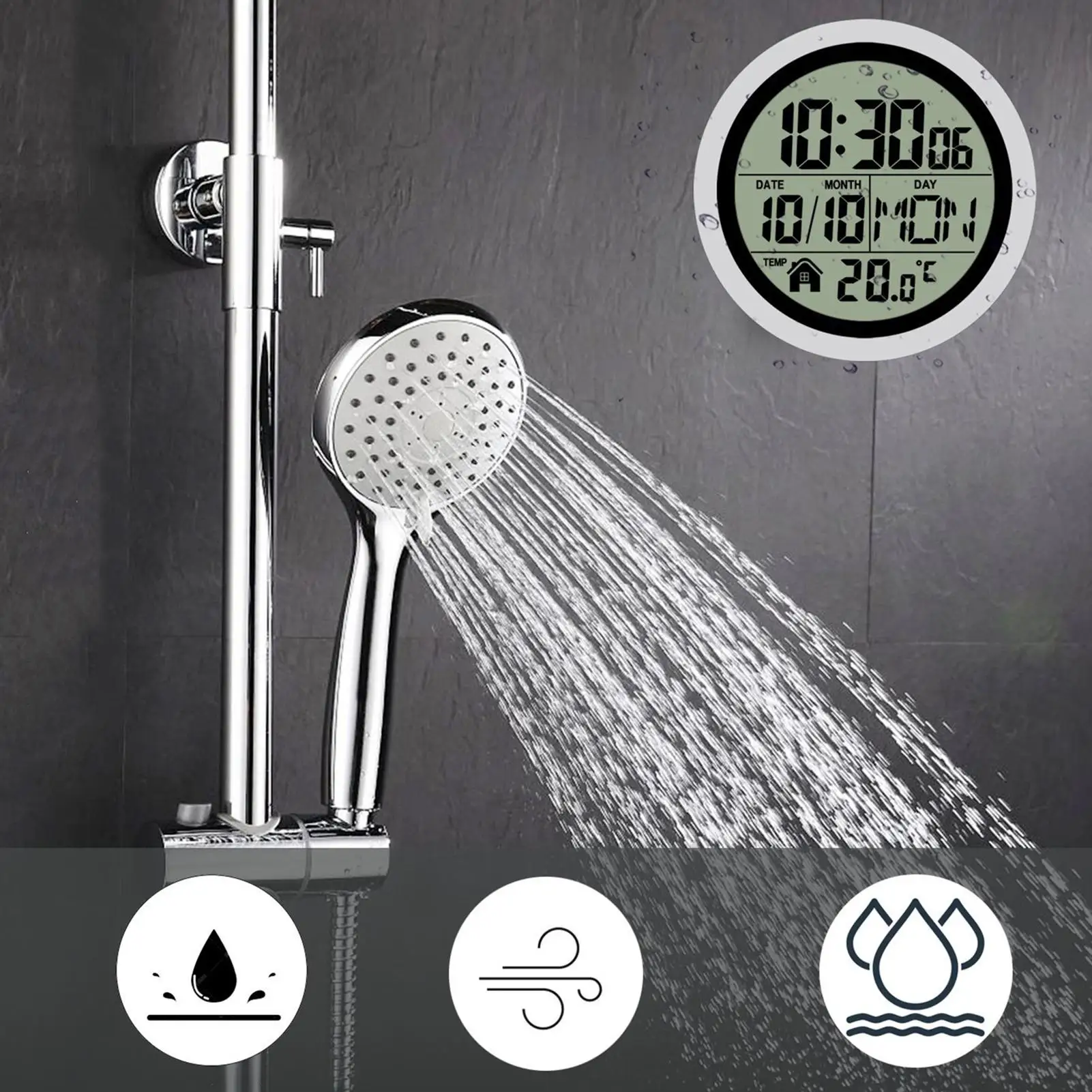 

Настенные часы для ванной комнаты, часы на батарейках с присоской, водонепроницаемые аксессуары для душа с датой температуры для офиса