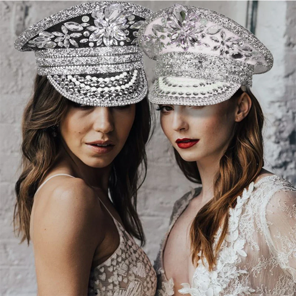 Can Customize Wedding Bride Hat Octagonal Sergeant Captain Hat for Women Luxury Rhinestone Festival Birthday Part Hen Do Hat