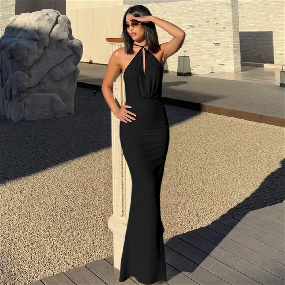 EINY Luxury Fashion Sexy Draped Cut Out Maxi Dress Club Outfits Gown Backless Solid Plunge Slip Dresses Coquette Robes Clothes
