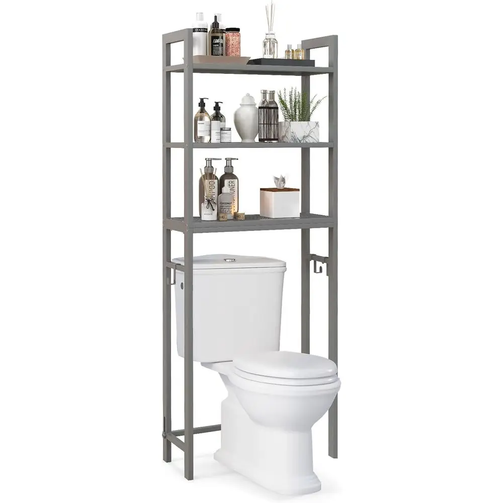 

3-Tier Standing Space Saver Above Toilet Shelves with 3 Hooks & Adjustable Bottom Bar, Over Toilet Bathroom Organizer, Restroom,