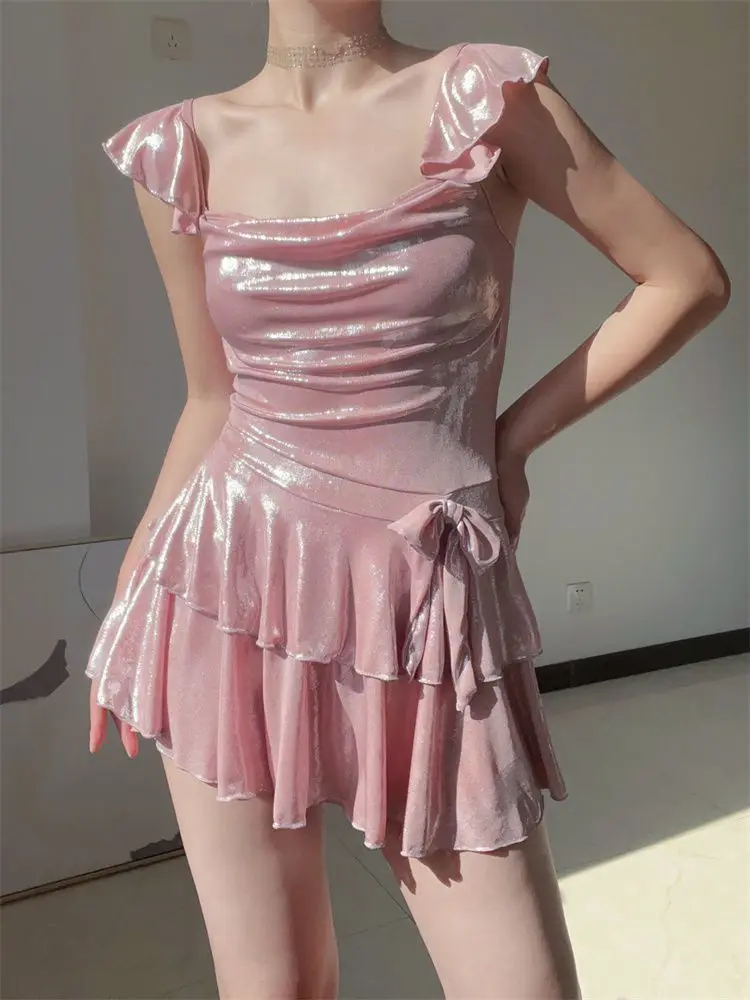 Flattering Shiny Pink Swimwear Women Ruched Tankini Top with Skirt Bottom Tummy Control Bathing Suit Summer Beach Outfits view 4