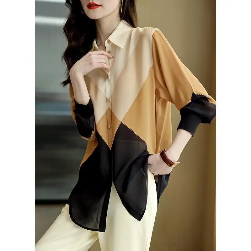 

French POLO Neck Temperament Long Sleeve Shirt Contrasting Color Versatile Women