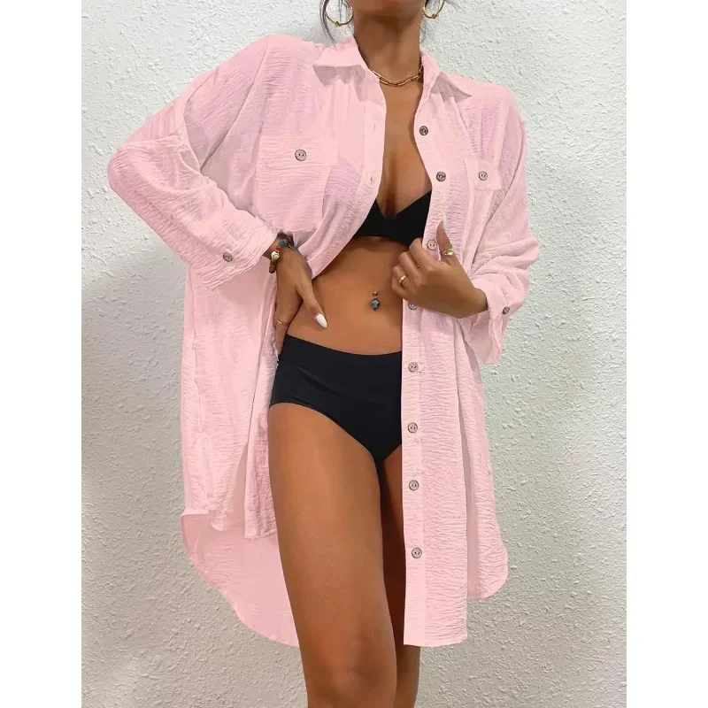 템퍼먼트 솔리드 컬러 비치 커버업 여성용 심플 긴팔 싱글 브레스티드 수영복 커버업 2025 신상 캐주얼 셔츠 드레스