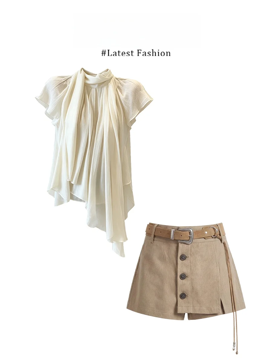 

Parkyeon Street Style High Fashion Women's Light Maturity Wind Shirt with Sash Short Sleeve Two-Piece Set High Waist Pants An...
