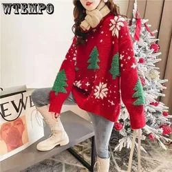 WTEMPO Autumn Winter Christmas Knitted Spliced Vintage Sweaters Korean Loose Round Neck Fashion Long Sleeve Pullover Jumpers