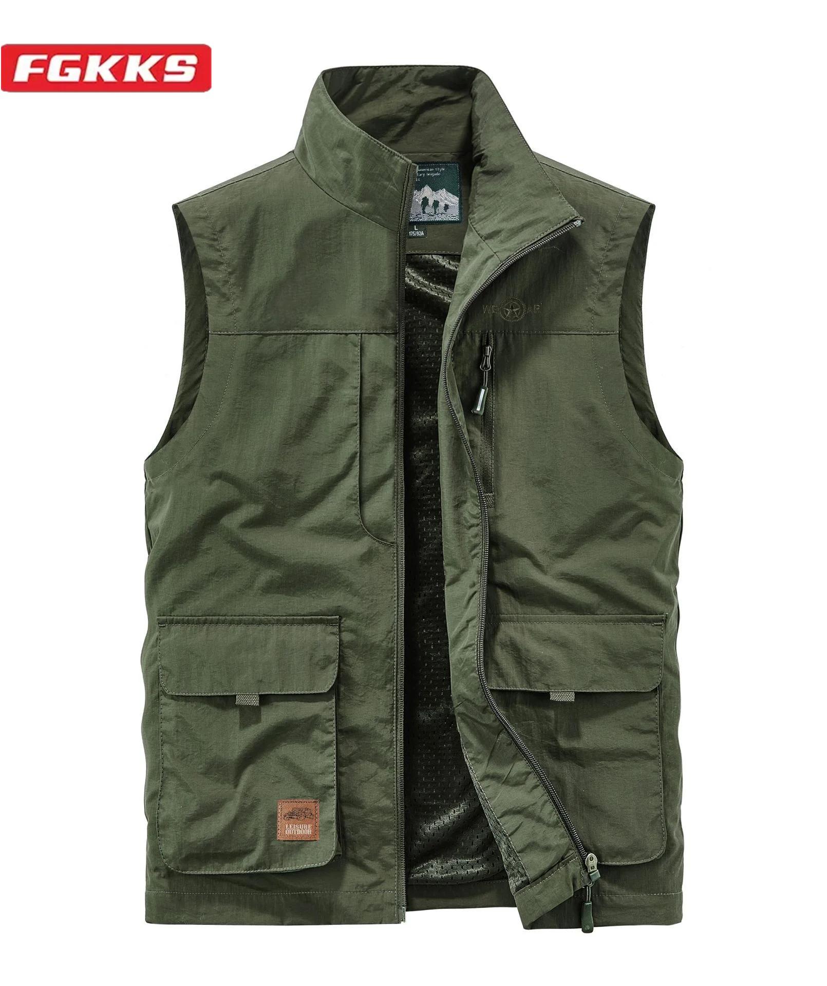 

FGKKS 2024 Men's Leisure Vest Solid Color Tooling Style Waistcoat Thin Fishing Hiking Multi-Pocket Casual Loose Vest for Men