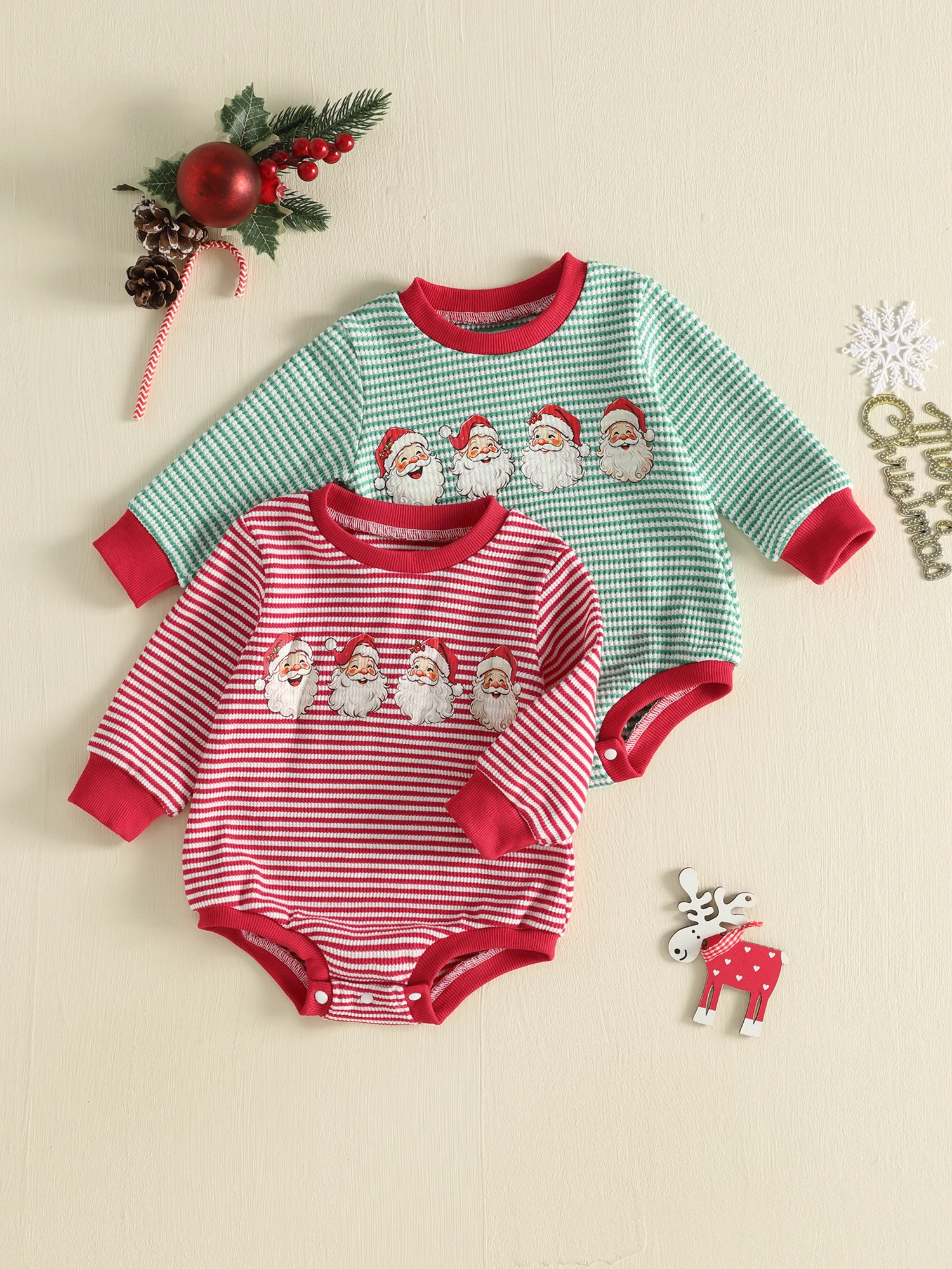 Crew Neck Christmas-Romper-Long Romper Long Sleeve Print Bodysuit Christmas Crew Neck Stripes Baby Lightweight Crew Neck