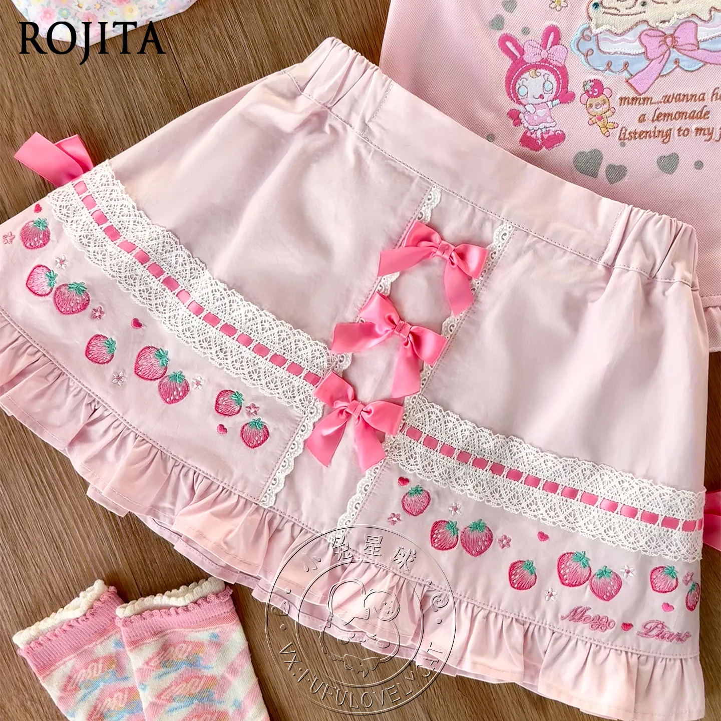 Short Skirt with Bowknot Strawberry Lace Heavy Embroidery Daughter Skirt Soft Girl Japanese Style Skirts for Women