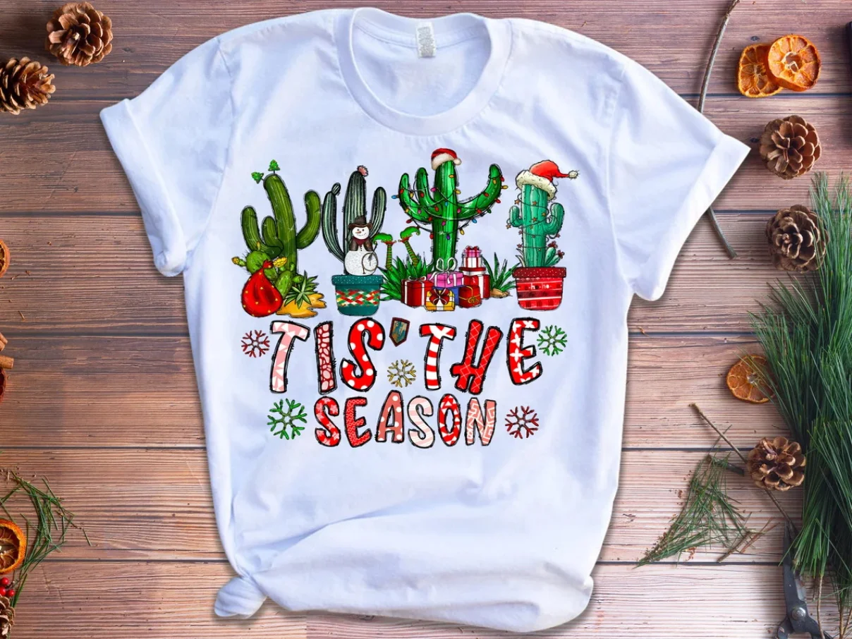 

Lovely Cactus Elf Squad Graphic Print T Shirt Women Merry Christmas Tis The Season Tshirt Femme Short Sleeve T-Shirt Female