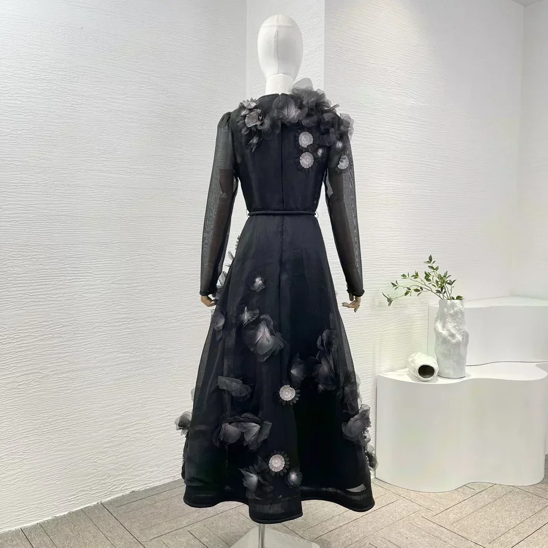 Ultimo nuovo abito longuette da donna con lacci patchwork floreale a margherita tridimensionale a maniche lunghe nero 2024