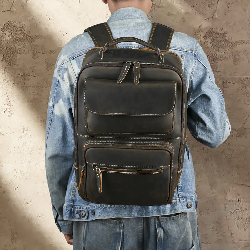 LD-SJ037 Crazy horse leather backpack with layered cowhide, computer backpack, camping, leisure, hiking, travel backpack