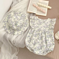 2024 New Summer 0-24M Children Clothes Toddler Baby Girls Jumpsuit+Hat Flying Sleeve Cotton Print Newborn Baby Girl Romper