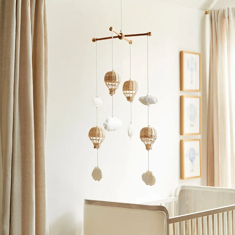 Natural Woven Rattan Hot Air Balloon Hanging Ornament Wooden Cloud Pendant Handmade Children Room Decoration Baby Soothing Toy