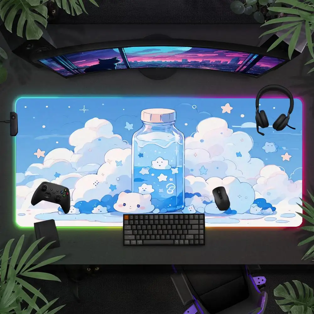 

Kawaii Cat Cloud Коврик для мыши Большой игровой коврик для мыши RGB Светодиодный светильник с замком по краям Игровые аксессуары Коврик для клавиатуры ПК Настольный коврик XXL 90x40 см