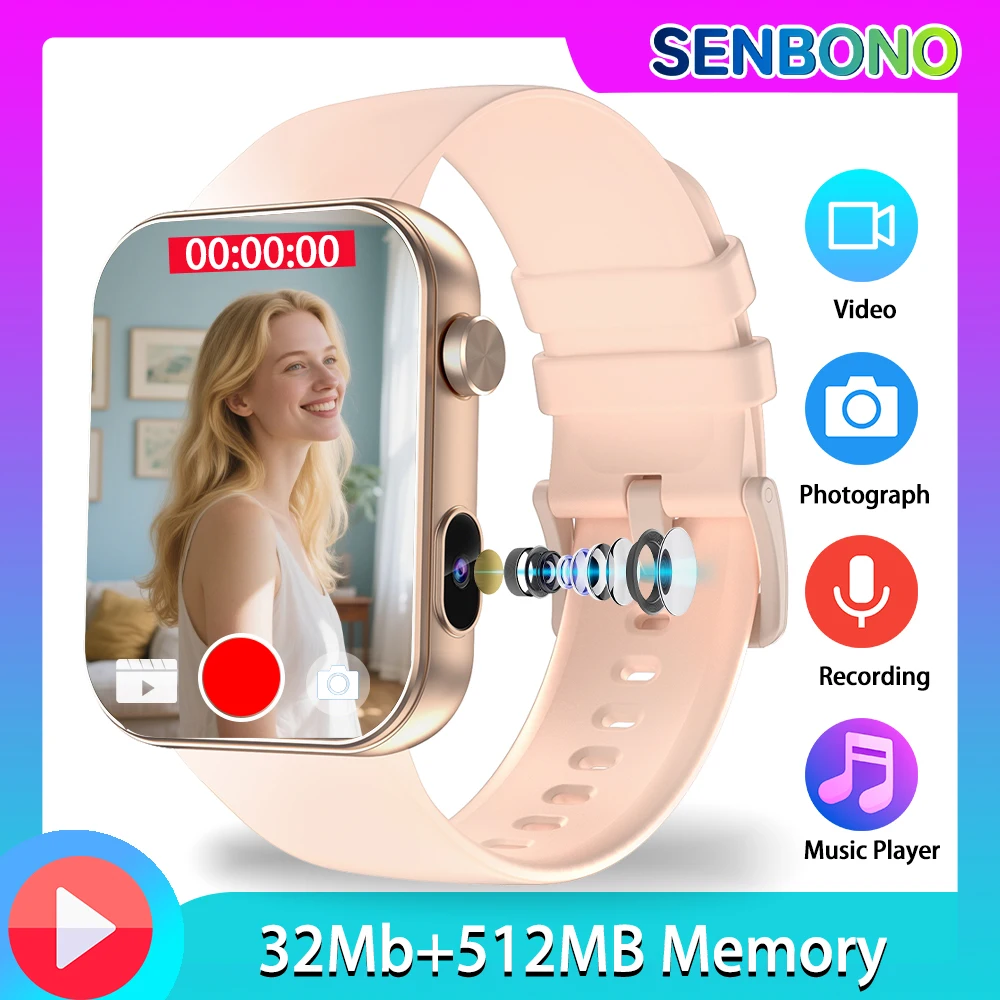 SENBONO Women's Smart Watch Bluetooth Call Camera Video Music Player Recording Built-in 512MB Memory DIY Video Watch Face Watch