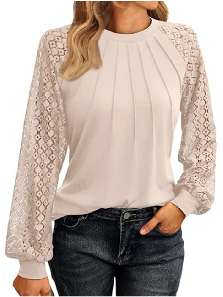 Elegant Lace Pleated Solid Color Shirts Women's Round Neck Lantern Long Sleeved Blouse Autumn Daily Casual Top image 3