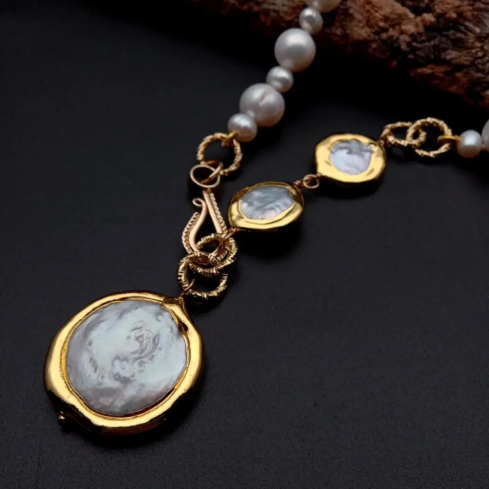 Y·YING Cultured White Potato Pearl Coin Pearl Charm Choker Necklace Handmade Necklaces