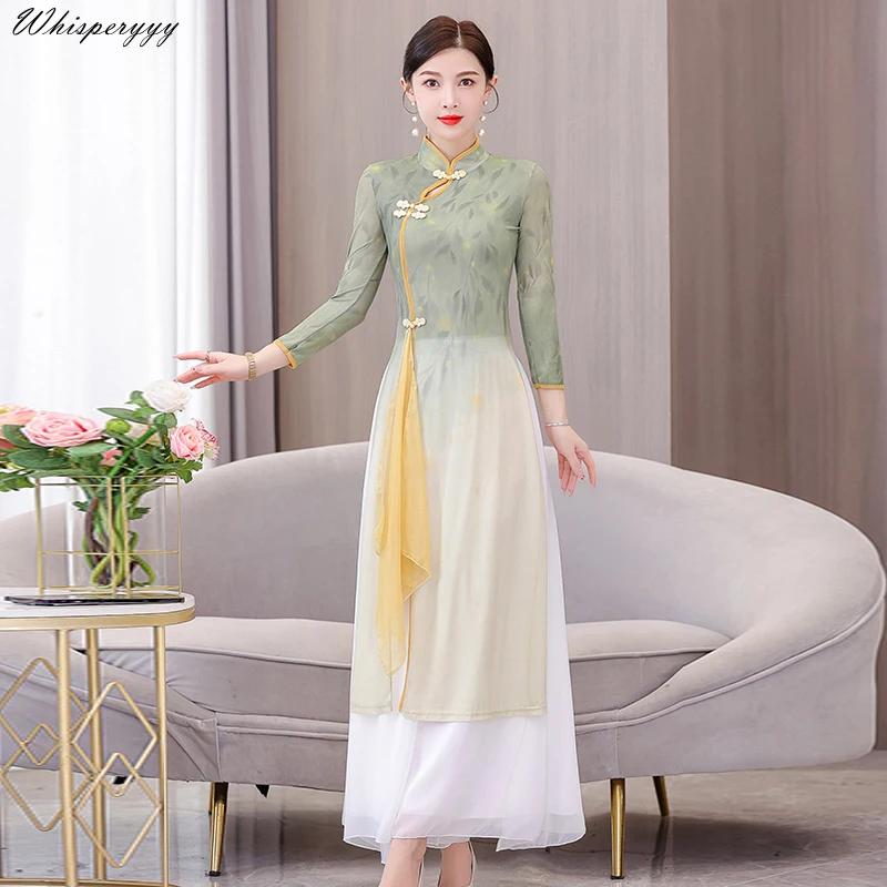 Chinese Style Gauze Dress Suit Classical Dance Dress 2024 New Improve Fashion Ao Dai Vietnam Traditional Dress Cheongsam Set