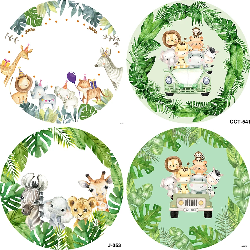 Forest Cartoon Animals Safari Jungle Party Round Backdrop Cover Elephant Lion Kids Baby Shower 1st Birthday Background