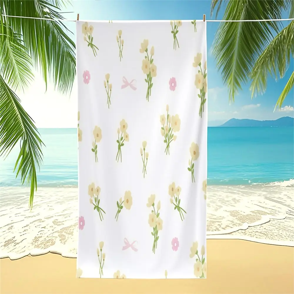 Cream Floral Bow Digital Print Beach Towel Pool Camping Bath Towel Blanket Cottage Teen Outdoor Travel Accessory
