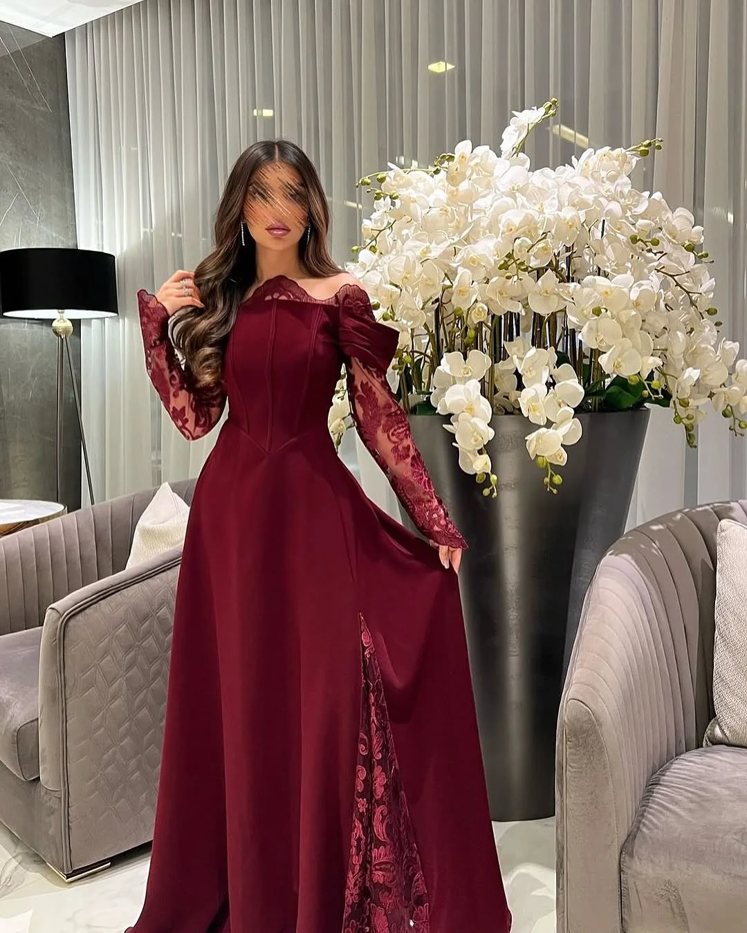 Customized Exquisite Jersey Off the Shoulder Lace Evening Dresses Delicate Long Sleeves Party Dress Custom Made Cocktail Dress image 2