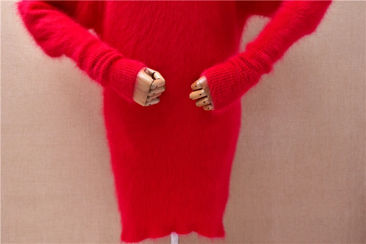 Female Women Autumn Winter Christmas Red Hairy Angora Rabbit Hair Knitted Slash Neck Slim Jumper Sweater Mink Fur Dress Pull Top