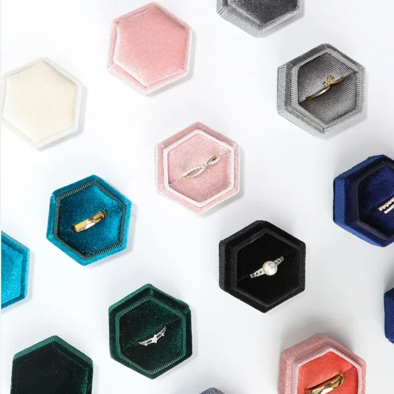 Hexagon Velvet Ring Box with Detachable Lid Jewelry Case Earring Holder Pendant Storage Box Simple Fashion Jewelry Packaging