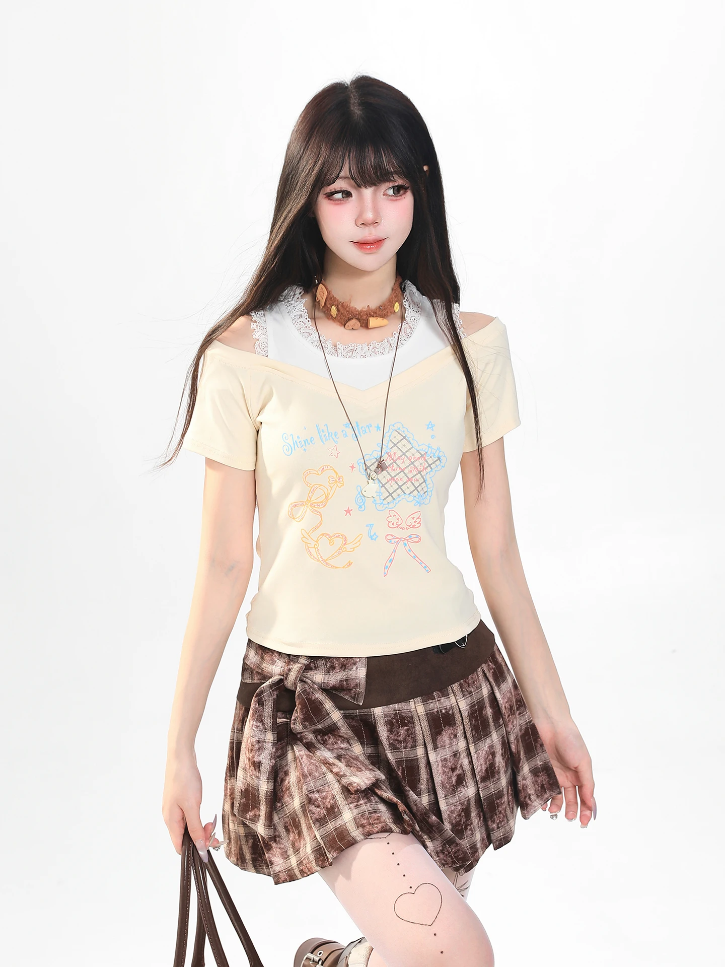 Sweet  Print Lace Splice Short Sleeve T-Shirt Women's Summer Slimming Beautiful Age-Defying Shoulder Bared Short Top