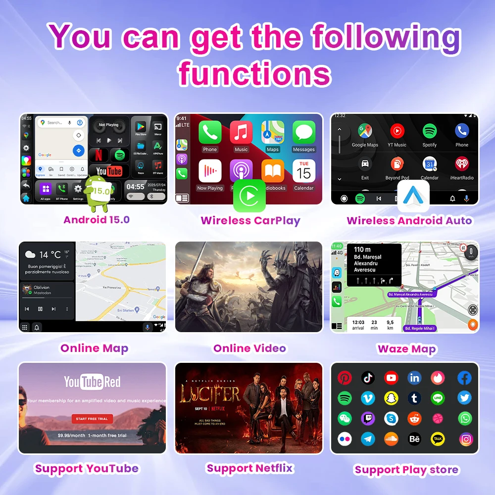 محول Android 15 CarPlay AI Box اللاسلكي Android Auto Carplay SM6350 4G Netword 8GB + 128GB لسيارة Netflix YouTube الذكية