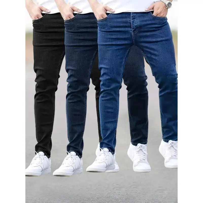 Men's Skinny Stretch Denim Jeans Set of 3 Low Waist Non-Shrinkage Summer 2025 Neutral Zipper Closure Comfortable Fit Jeans