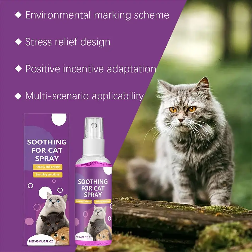 Spray calmante felino antiestrés para gatos, 60ml, feromonas, Spray calmante emocional, suministros de limpieza de salud no irritantes
