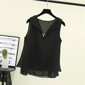 여성용 시폰 블라우스 셔츠, 캐주얼 루즈 브이넥 민소매 조끼 상의, 여름 