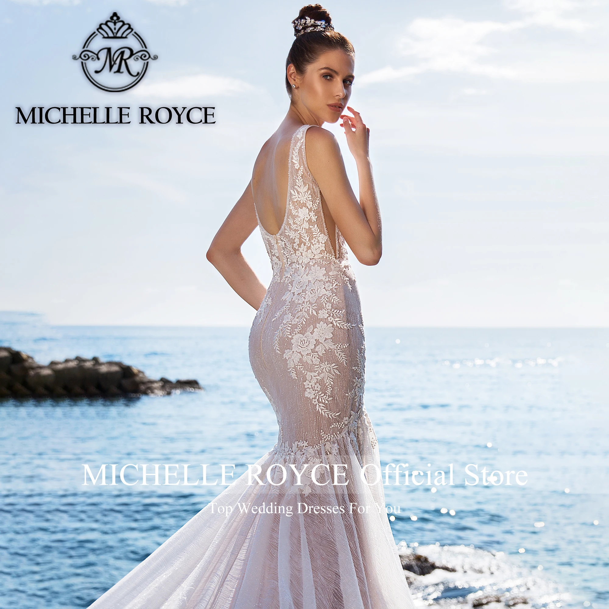 Michelle Royce ชุดเดรสเมอร์เมดเซ็กซี่ลึก V คอ Appliques ชุดแต่งงานเปลือยสําหรับเจ้าสาว 2022 Vestidos De Novia