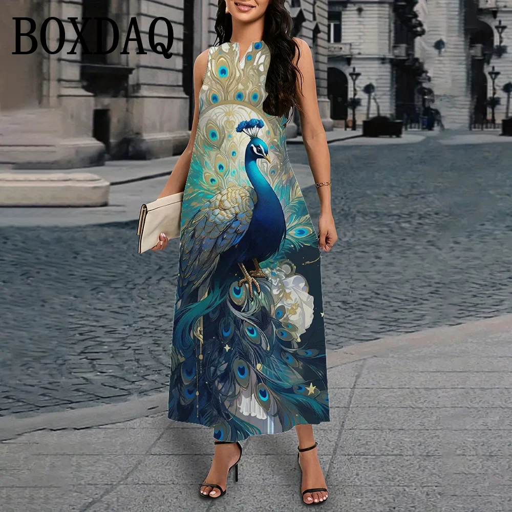 New Women's Fashion Dress Party Evening Long Dresses Animal 3D Print Dress Peacock Graphic Robes Casual Loose Long Vestidos Maxi