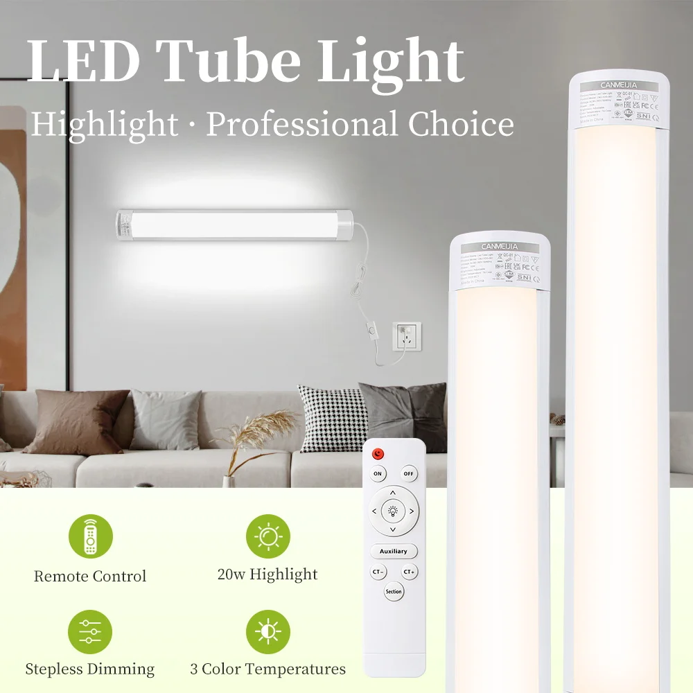 

50/60cm LED Tube Light with Remote Control Dimming 3 Colors Wall Closet Lamp for Living Room Bedroom Kitchen Cabinet Light 20W