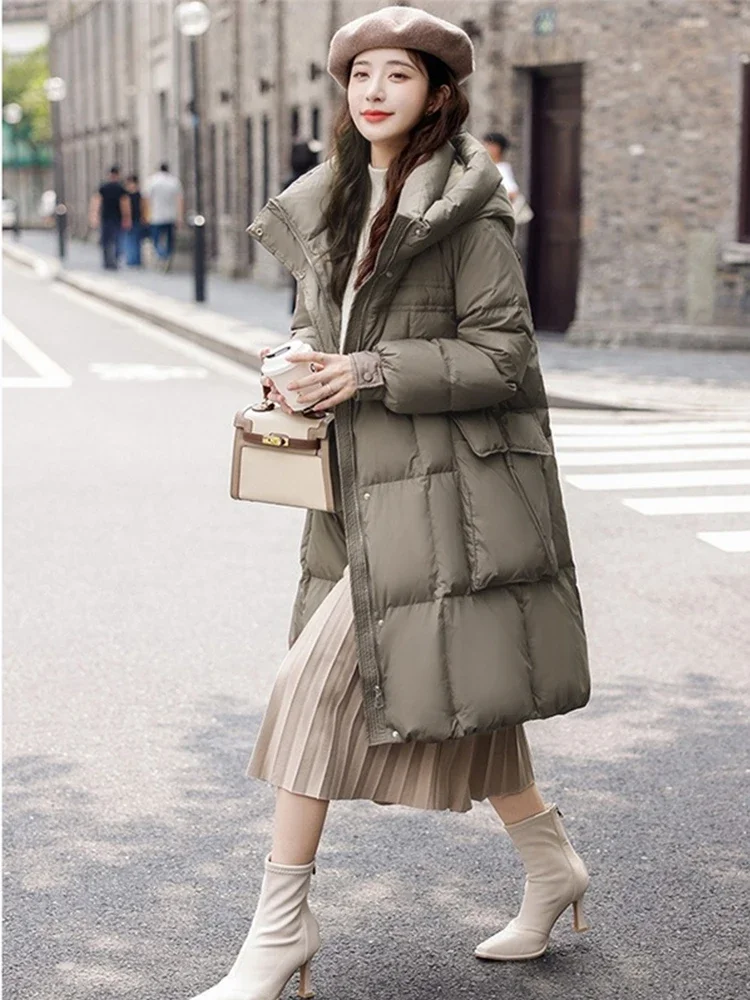 Winter Jackets Woman 2024 White Duck Down Mid-length Down Jacket  Long Sleeve Stand Collar Loose Hooded Thick Coat Warm Overcoat