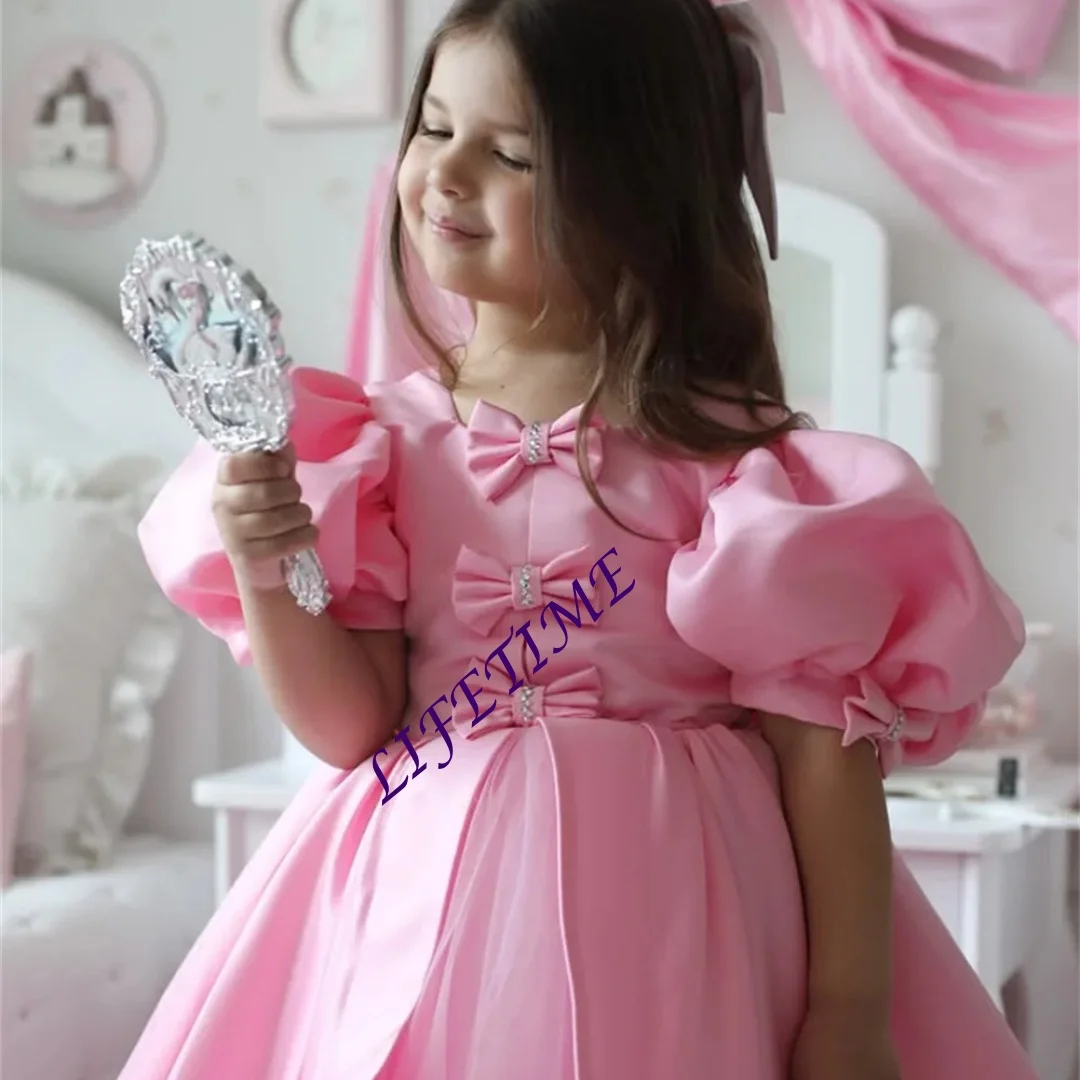 تخصيص القوس نفخة الأكمام ألف خط بلورات فستان فتاة الزهور الرسمي طول الأرض سويب تراين فستان رسمي أول مناولة جديد Cus #2