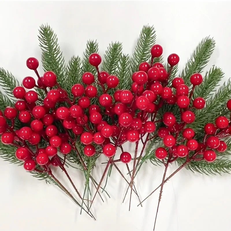 10 pz pianta artificiale bacca rossa verde pino ago scatola regalo di natale decorazione finta casa matrimonio decorazione della tavola accessori