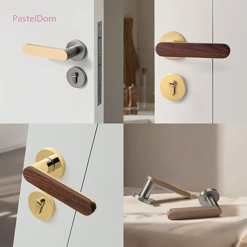 New Chinese Style Magnetic Silent Door Lock Solid Wood Split Handle for Bedroom Interior