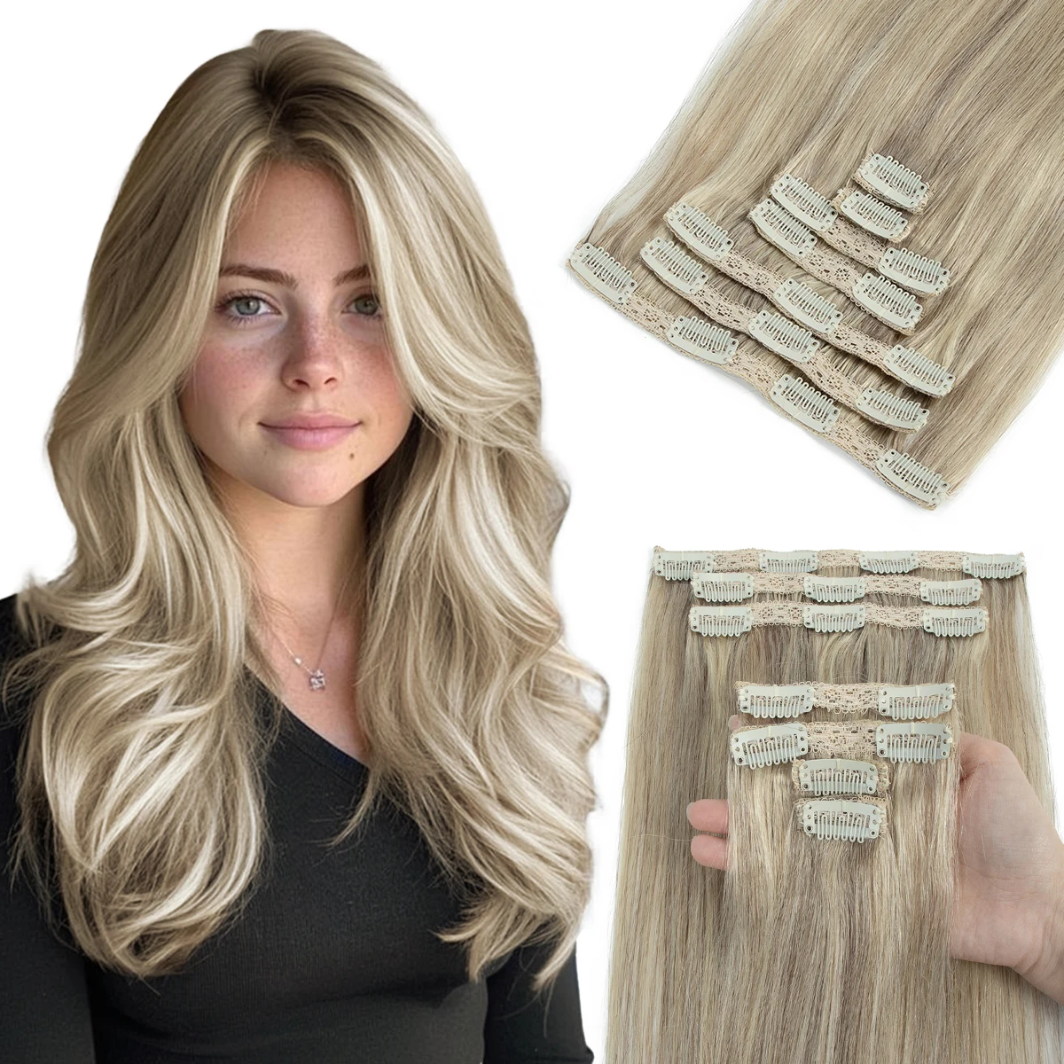 

Накладные волосы на клипсах из натуральных человеческих волос, блонд, мега-наращивание, на защелках, для полной головы, 16 дюймов