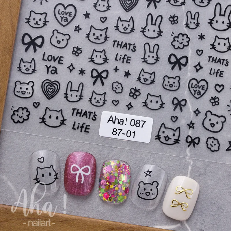 1pc 3D Cartoon Cute Cat Nail Sticker Graffiti Love Heart Gold Bronzing Star Slider Silver Charm Nail Art DIY Manicure Decoration