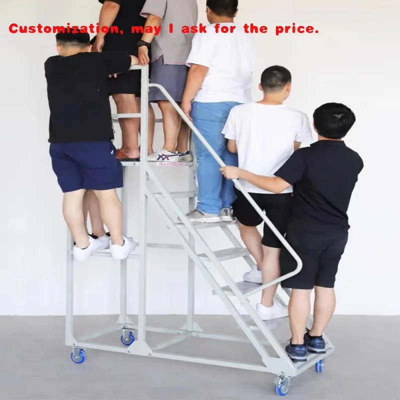 custom.Step All-Directional Safety Angle Steel Rolling Industrial & Warehouse Ladder Cargo Elevator With Handrails&Wheels and Pl